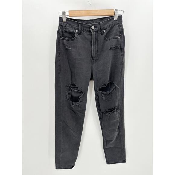 American Eagle Mom‎ Jeans Women 0R Black Denim Distressed Cotton High Waisted - Picture 1 of 9